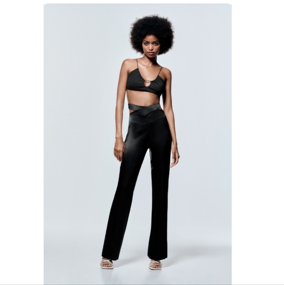 🌹🆕️NWT XS Zara Full Length Black Satin Effect Pants